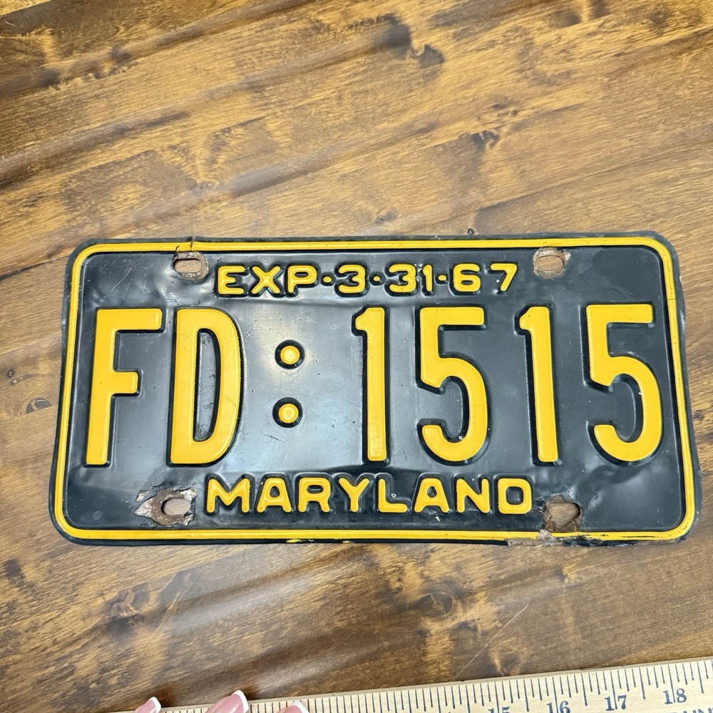 Vintage 1967 Maryland License Plate Tag Fire Department # FD 1515